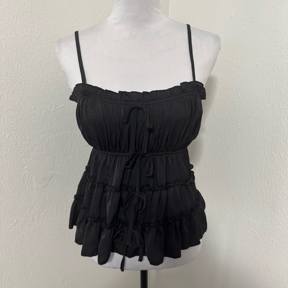 Thirty Thirty Women's Medium Black Babydoll Ruffle Adj. Spaghetti Strap Top NWT